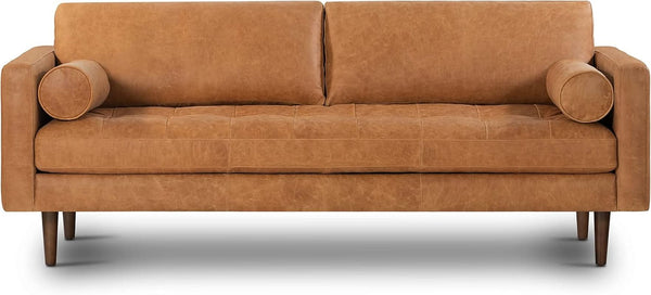 Cognac Leather Mid-Century Bolster Sofa