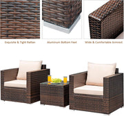 3 Piece Outdoor Patio Furniture Set Rattan Wicker With Washable Cushions And Tempered Glass Tabletop
