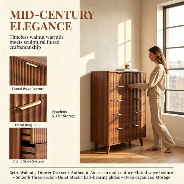 Walnut Fluted 5-Drawer Tall Dresser