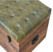 Mango Wood Leather-Top Storage Trunk Bench