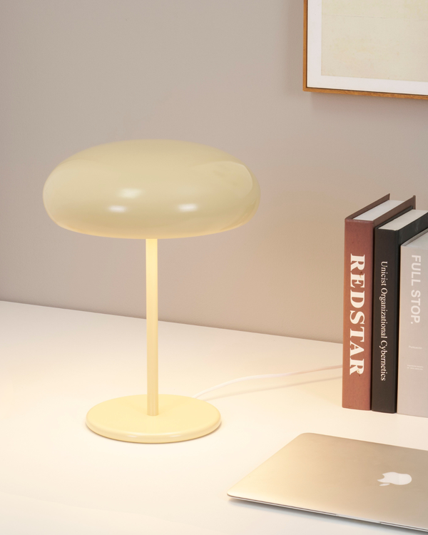 Dome Shade Metal Table Lamp — Dimmable dome lamp with adjustable shade in a warm cream metal finish