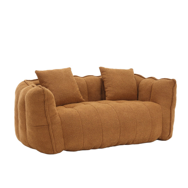 Channel-Tufted Boucle Loveseat Sofa — Rounded channel-tufted loveseat in warm boucle-texture upholstery with two cushions