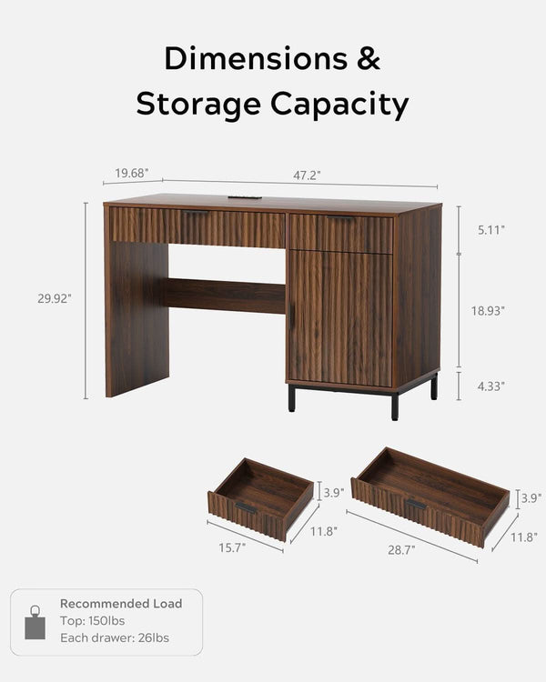 Fluted Wood-Grain Executive Desk with Charging Station