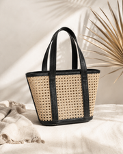 Leather Trim Cane Weave Carryall Bag