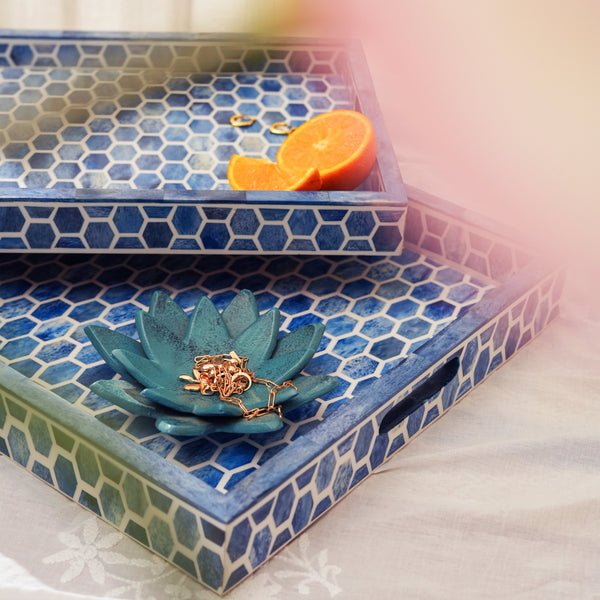 Indigo Honeycomb Bone Inlay Serving Tray