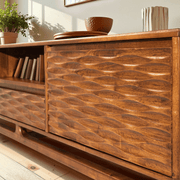 Relief-Carved Wood TV Stand — close-up of label and production detail
