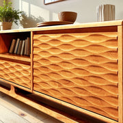 Relief-Carved Wood TV Stand — packaging and unboxing view