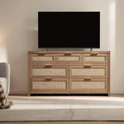 Caramel Oak Rattan-Front Dresser, 7-Drawer
