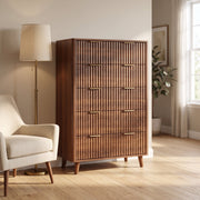 Walnut Fluted 5-Drawer Tall Dresser