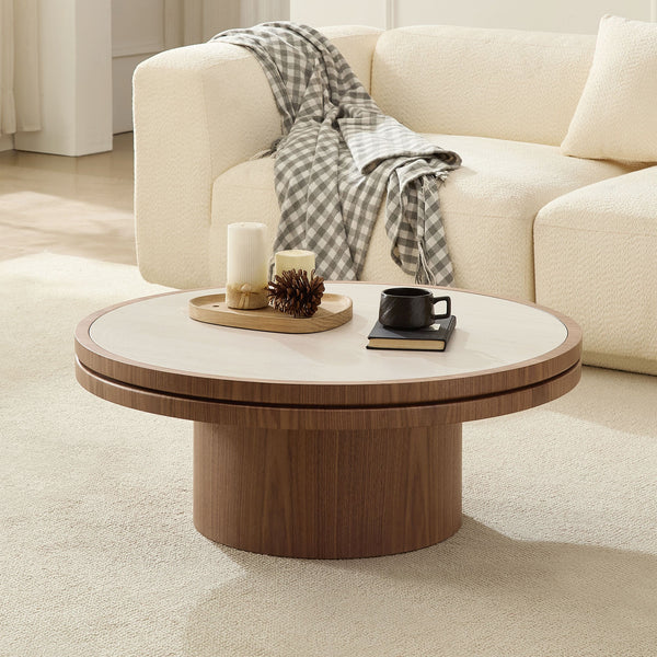 Sintered Stone Round Pedestal Coffee Table styled with ceramics and a linen runner