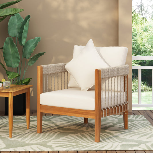 Acacia Rope-Woven Outdoor Club Chair — Acacia club chair with rope-woven panels and cushioned seat for outdoor use