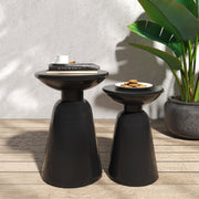 Powder-Coated Iron Pedestal Side Table Set — Paired iron pedestals in graduated heights, powder-coated for indoor and