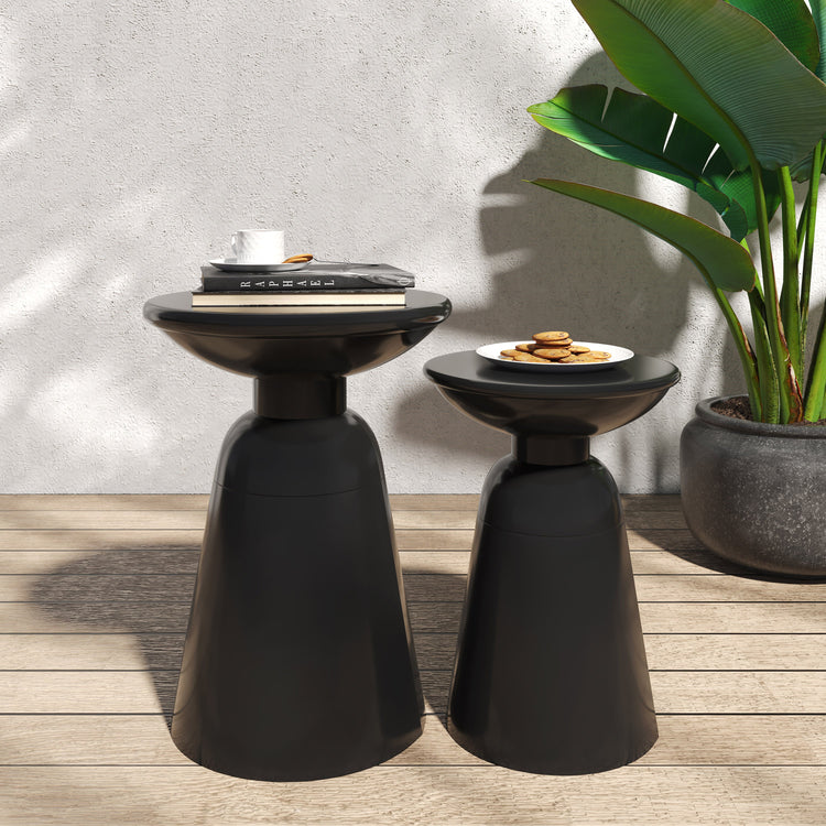 Powder-Coated Iron Pedestal Side Table Set — Paired iron pedestals in graduated heights, powder-coated for indoor and