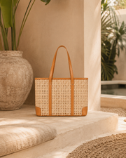 Leather and Rattan Cane Tote Bag