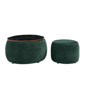 Chenille Round Storage Ottoman Coffee Table — styled in a complete room vignette