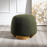 Round Bouclé Upholstered Ottoman Wood Base
