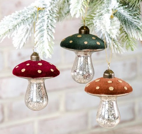 Velvet Top Mushroom Ornaments, Set of 3