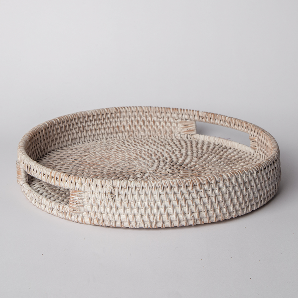 Whitewashed Rattan Round Tray