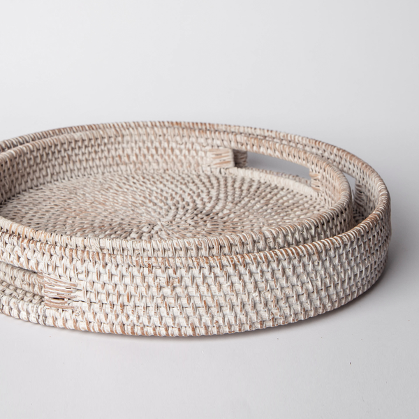 Whitewashed Rattan Round Tray
