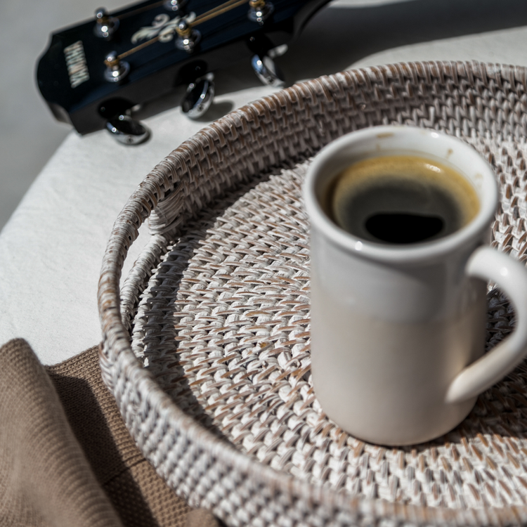 Whitewashed Rattan Round Tray