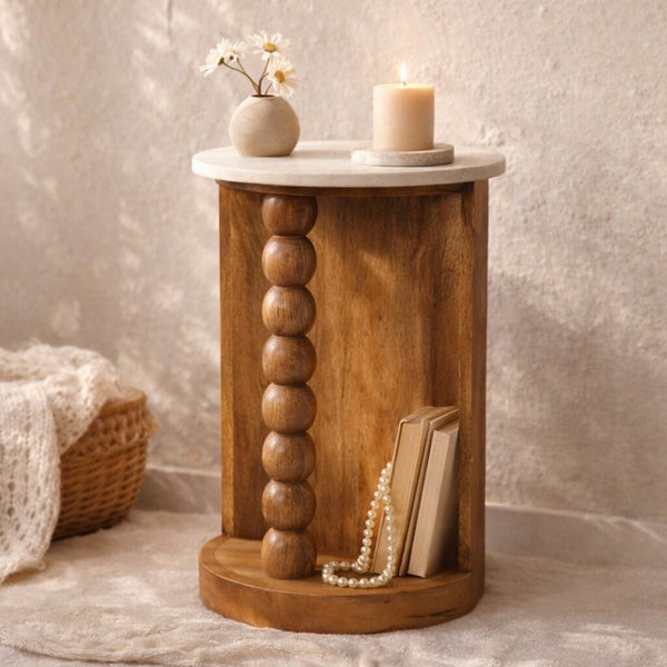Marble-Top Spindle Wood Side Table