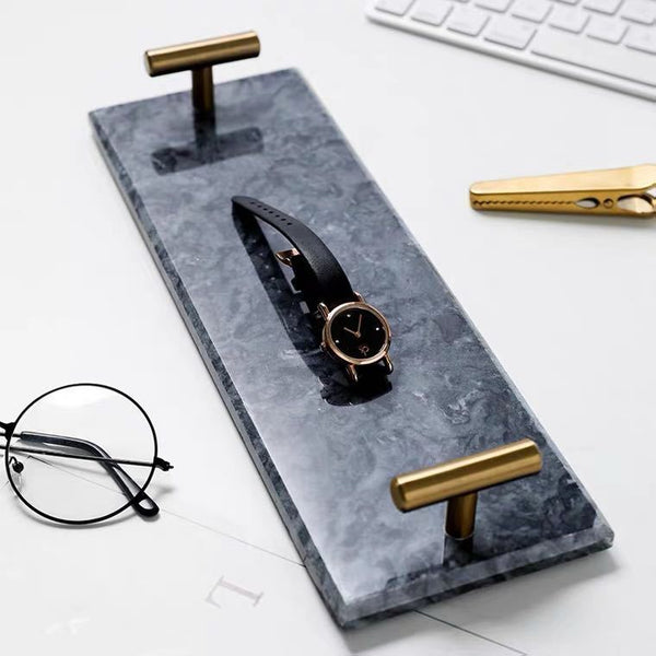 Close-up of marble veining and polished surface detail — Marble Tray with Brass Handles