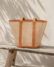 Leather Trim Cane Weave Carryall Bag