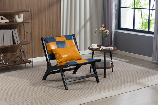 Patchwork Leather Sling Accent Chair — Low-slung sling chair in patchwork amber and slate with dark wood frame