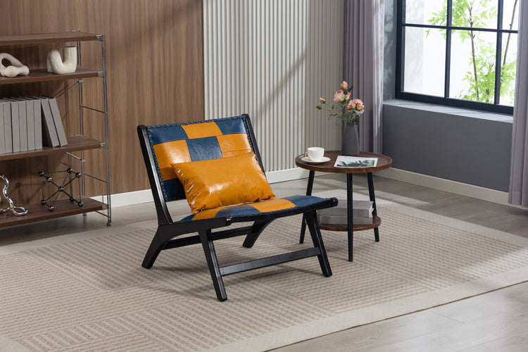 Patchwork Leather Sling Accent Chair — Low-slung sling chair in patchwork amber and slate with dark wood frame