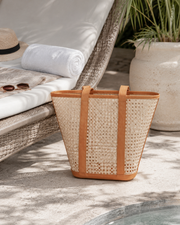 Leather Trim Cane Weave Carryall Bag
