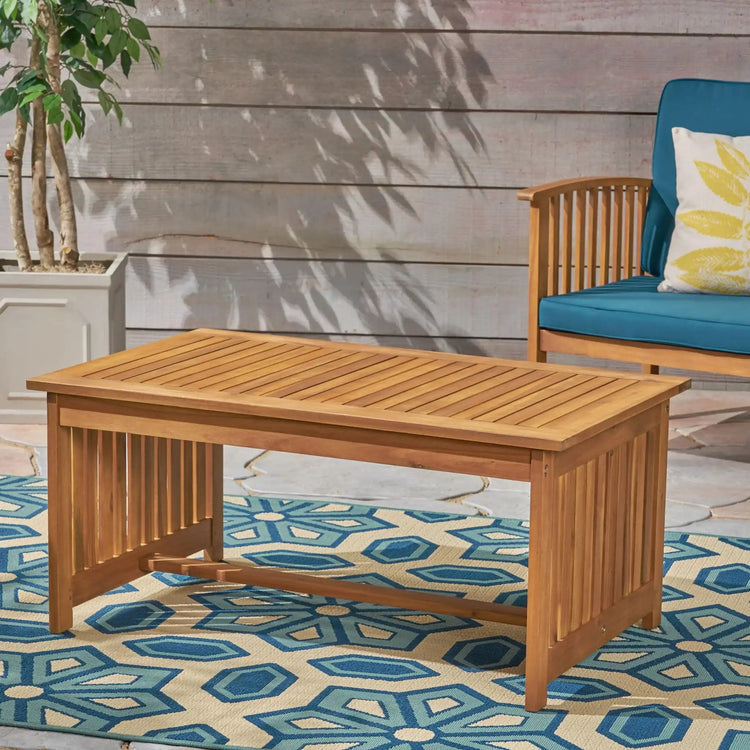Slatted Acacia Outdoor Coffee Table — Mission-style slatted acacia coffee table for patios and decks