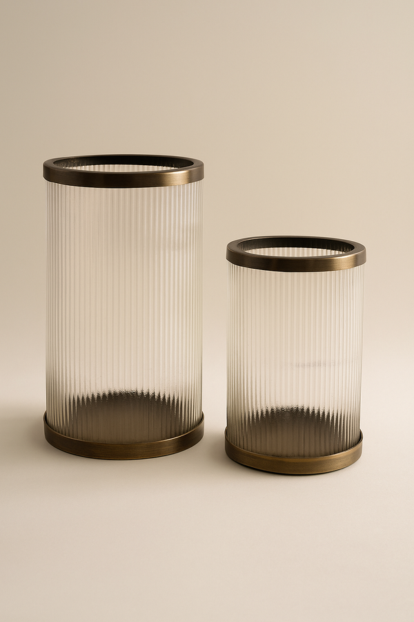 Ribbed Glass Brass Hurricane Holder