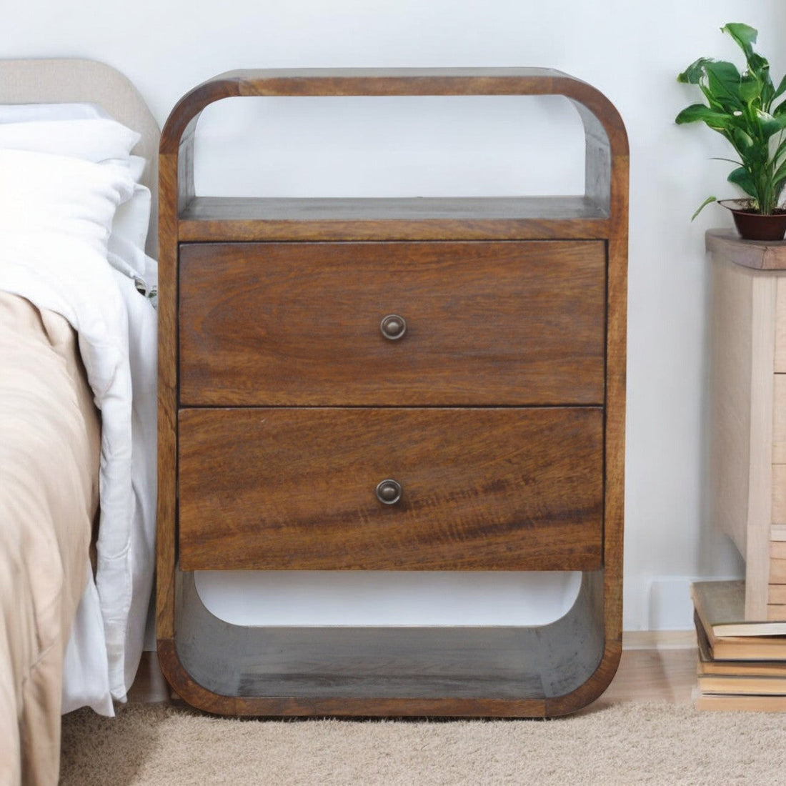 Curved Mango Wood 2-Drawer Nightstand