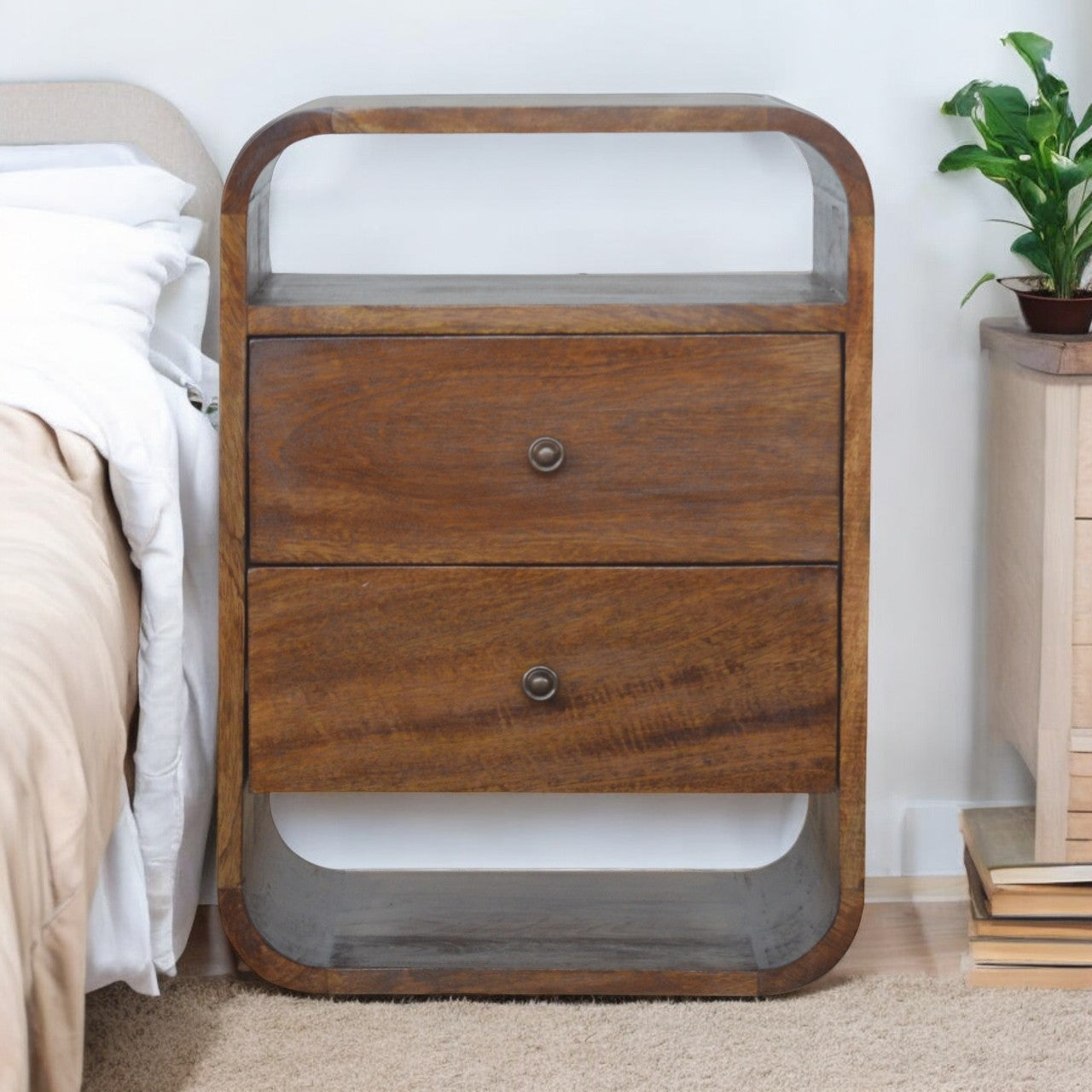 Curved Mango Wood 2-Drawer Nightstand