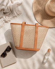 Leather Trim Cane Weave Carryall Bag