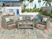 Woven Rattan Outdoor Seating Set — Four-piece woven rattan set with storage ottomans and glass coffee table