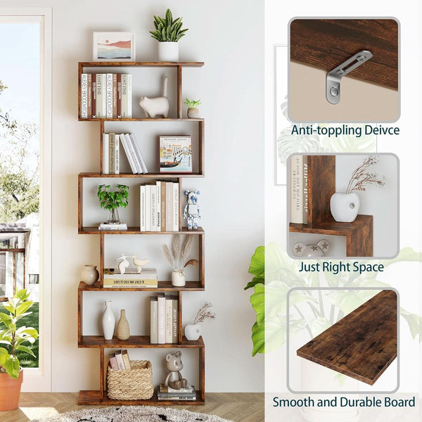 S-Curve Wood-Grain Bookcase Six Tier – book case (view 4) | Roost & Roam