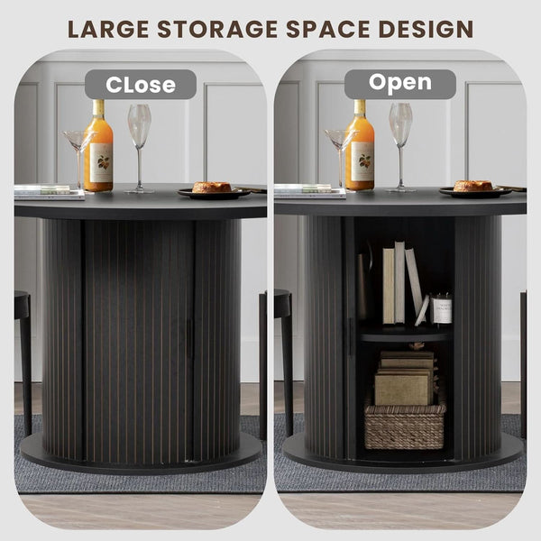 Round Black Pedestal Dining Table with Storage