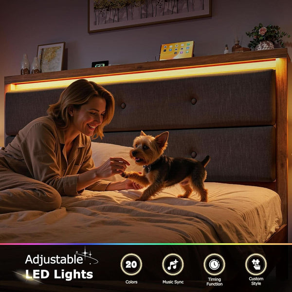 Upholstered King Bed Frame With LED and Charging
