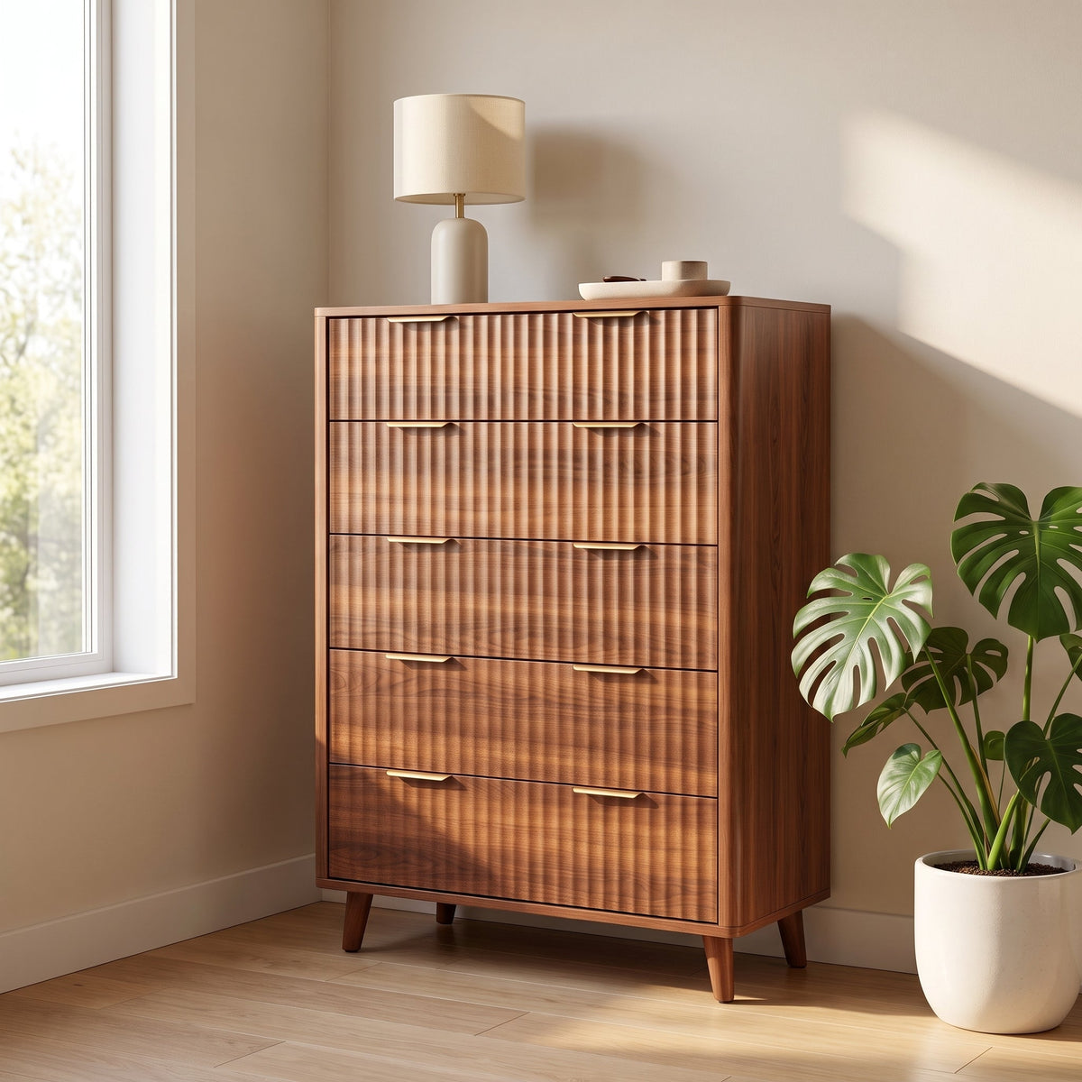 Walnut Fluted 5-Drawer Tall Dresser