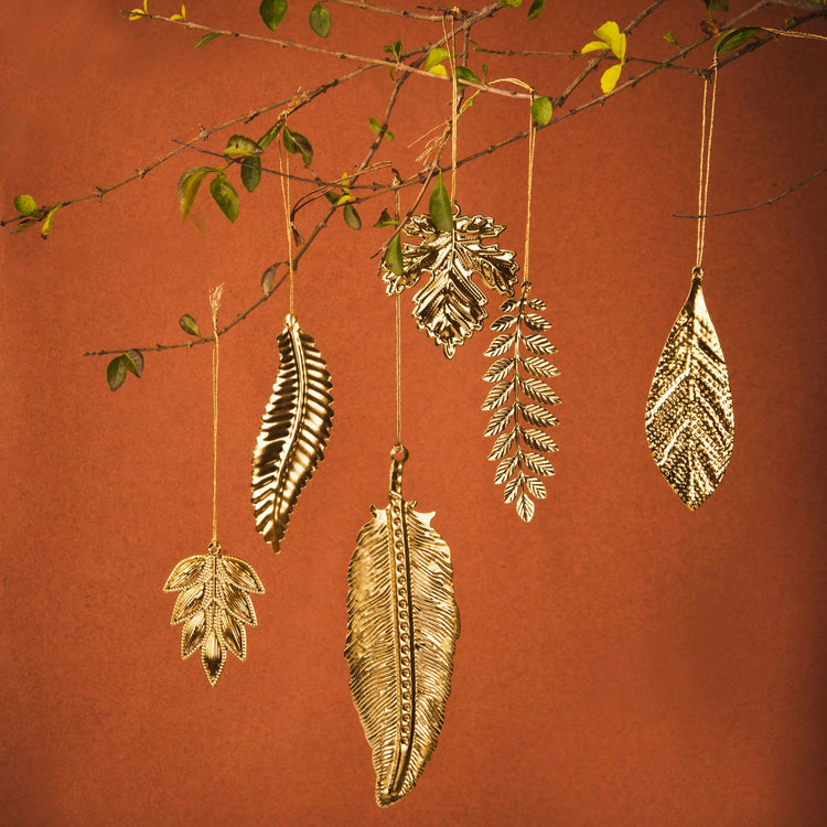 Brass Botanical Leaf Ornaments, Set of 6