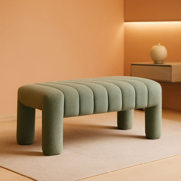 Channel-Tufted Bouclé Upholstered Ottoman Bench