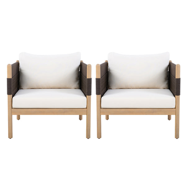 Close-up of acacia wood grain and teak-finish detail — Rope-Wrapped Acacia Outdoor Club Chairs