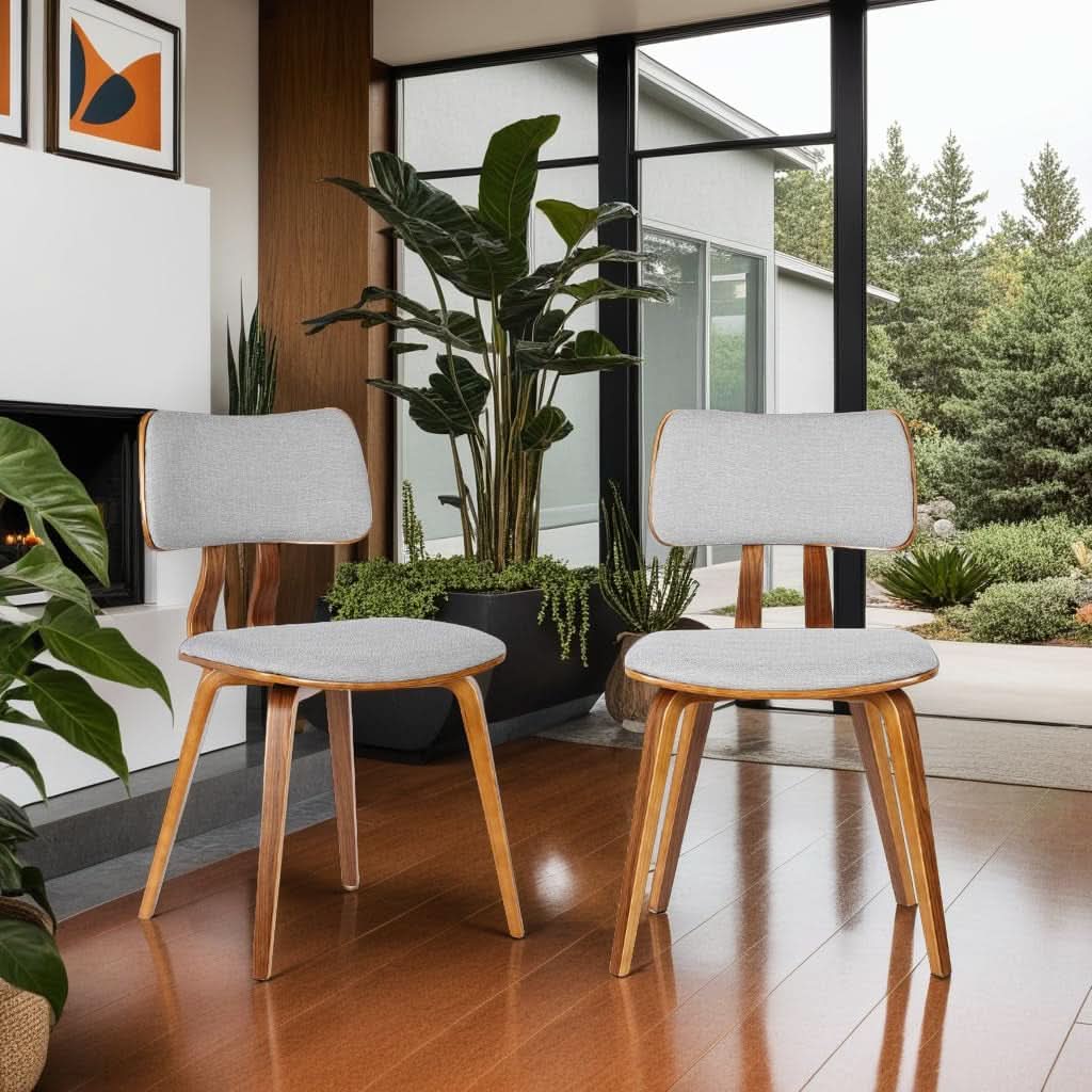 Two light grey upholstery with natural wood frame dining chairs, mid-century modern curved back chair
