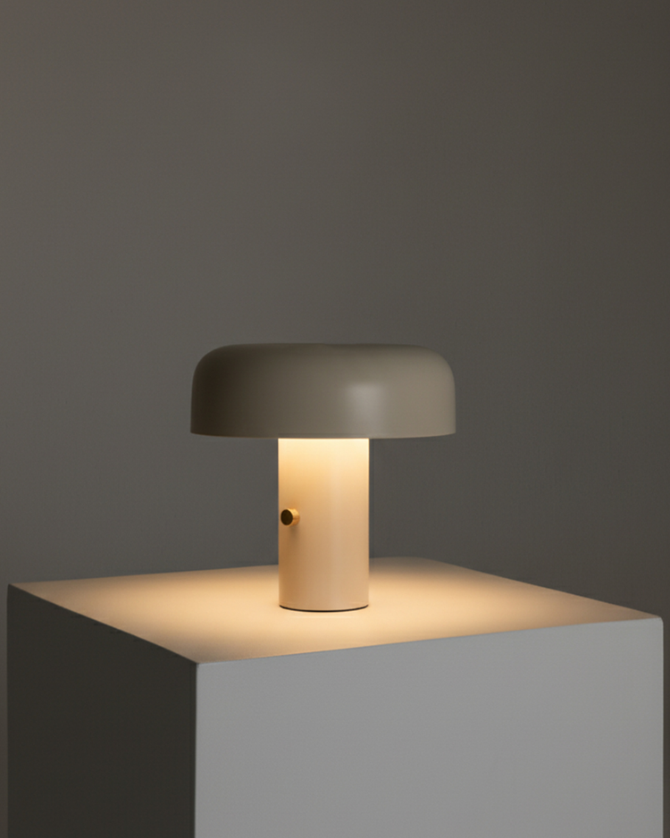 Dome Shade Dimmable Table Lamp — Matte dome table lamp with brass rotary dimmer, in cream or black