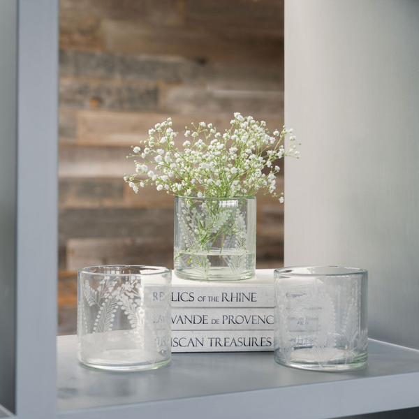 Leaf-Etched Glass Candleholders, Set of 3