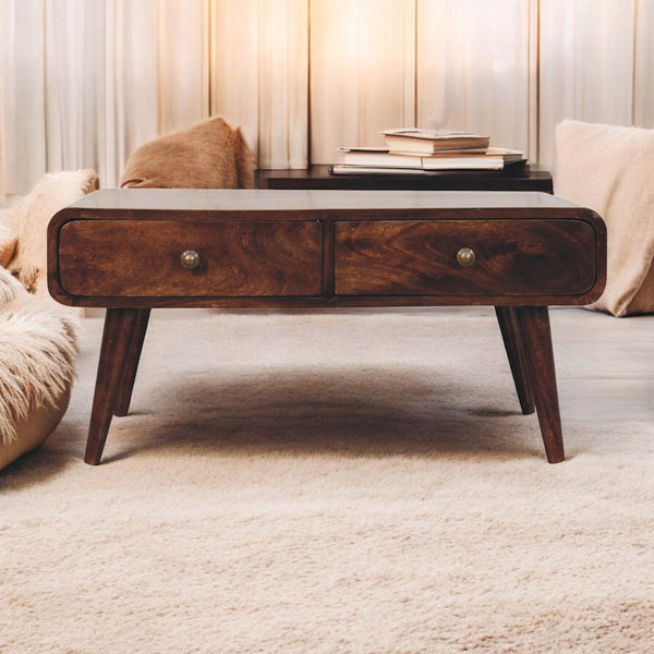 Curved Mango Wood Two-Drawer Coffee Table