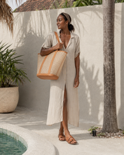 Leather Trim Cane Weave Carryall Bag