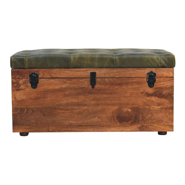 Mango Wood Leather-Top Storage Trunk Bench