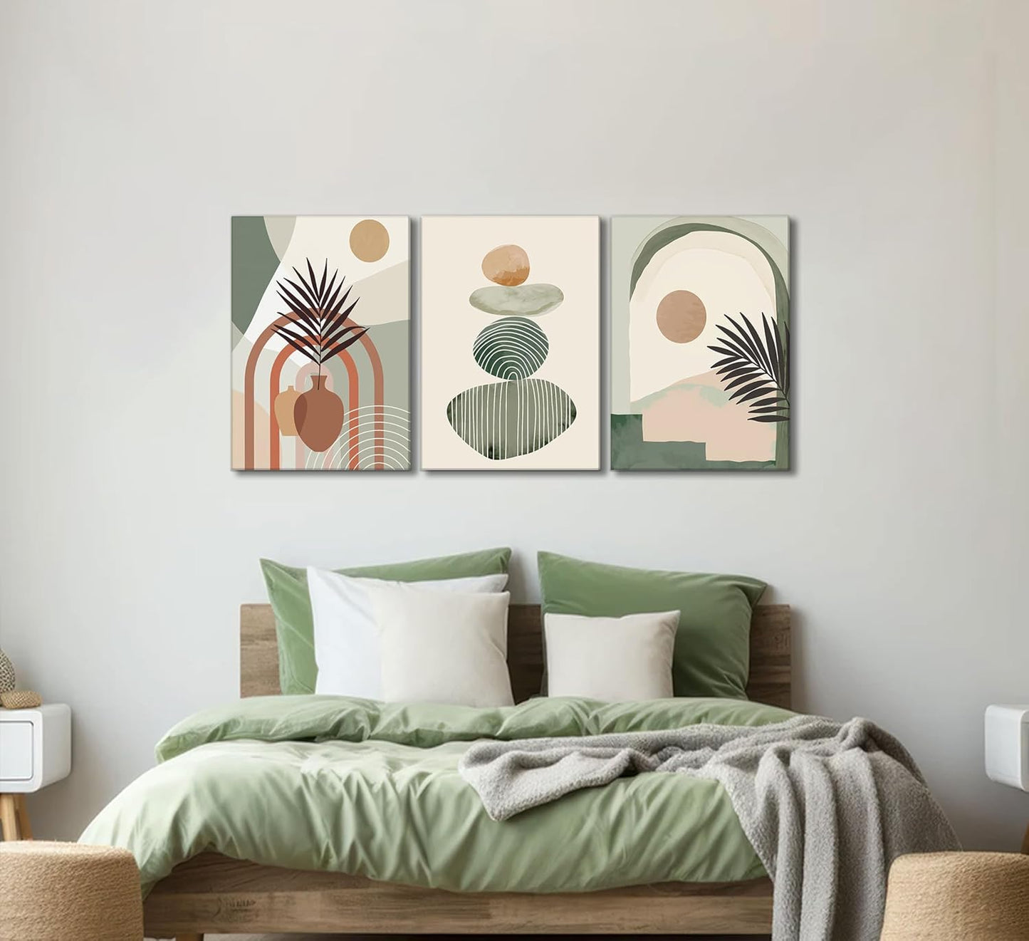 Abstract Botanical Canvas Print Set hung on a warm neutral wall above a sofa